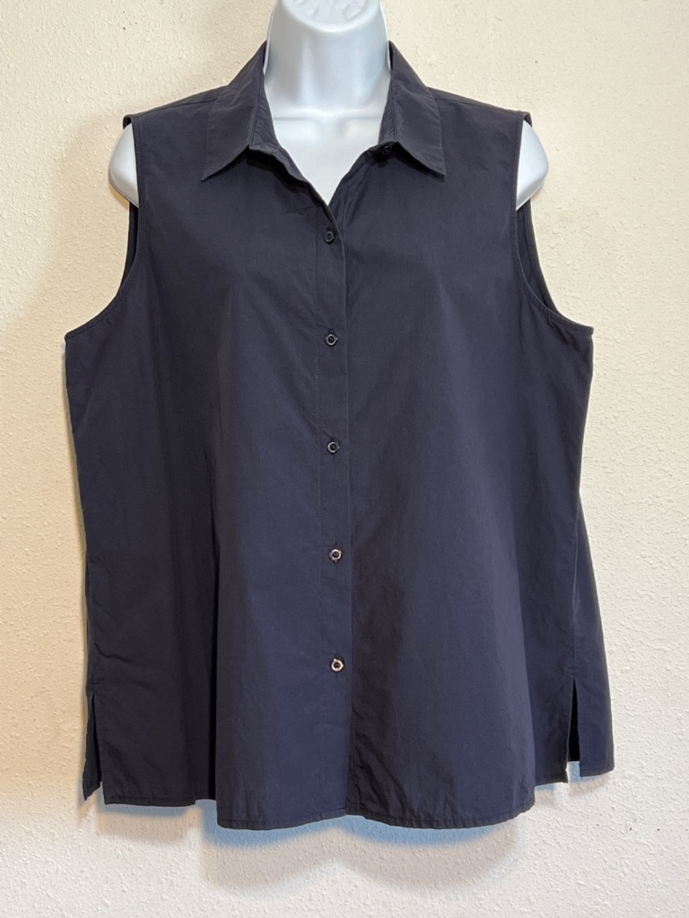 Eileen Fisher Sleeveless Button Front Organic Cotton Navy Size Large